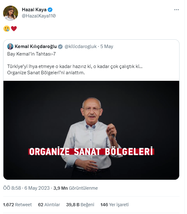 Ünlü oyuncu Hazal Kaya, Kemal Kılıçdaroğlu'nun videosunu kalp emojisiyle paylaştı