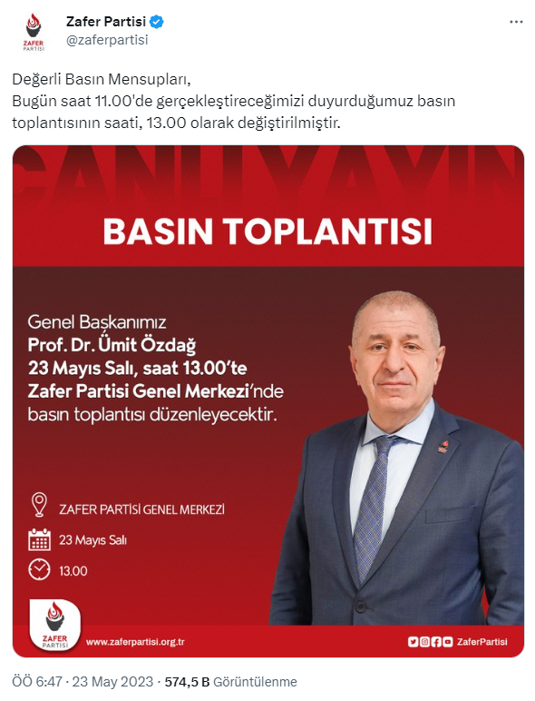 Ümit Özdağ'ın 2. tur kararını açıklayacağı basın toplantısı saat 13.00'e ertelendi