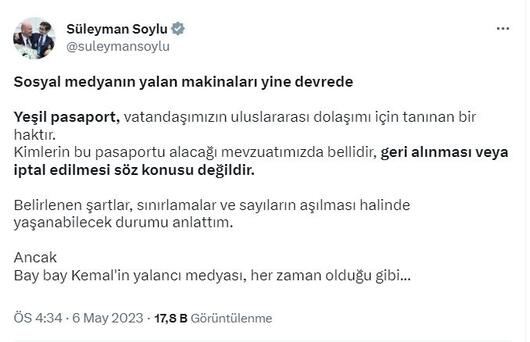 Bakan Soylu'dan 'yeşil pasaport' açıklaması