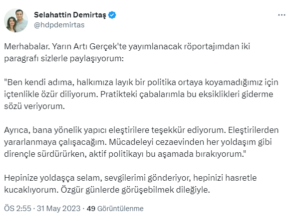 Selahattin Demirtaş: Aktif politikayı bırakıyorum