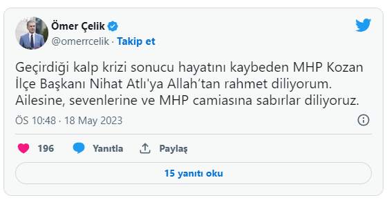 MHP Kozan İlçe Başkanı Nihat Atlı kalp krizi sonucu hayatını kaybetti