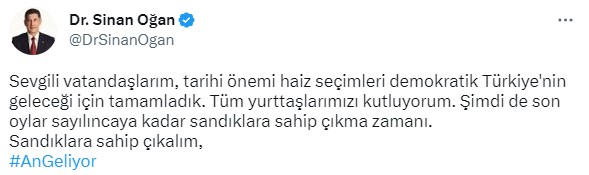 Oy sayımı devam ederken Sinan Oğan'dan Kürtçe paylaşım