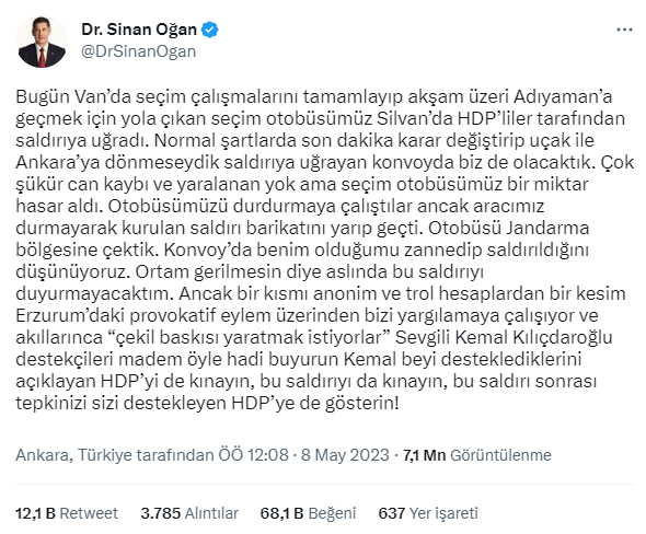 Sinan Oğan'dan Erzurum'daki olaylı mitingle ilgili açıklama: Konvoyda benim olduğumu zannedip saldırdılar