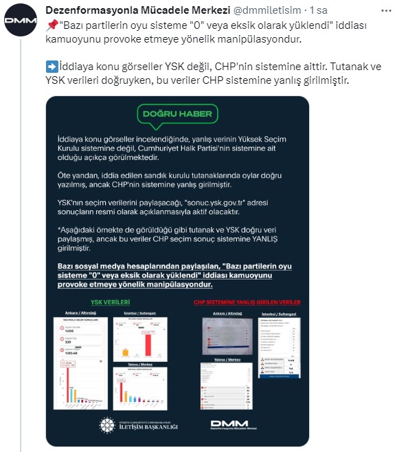 Dezenformasyonla Mücadele Merkezi: Tutanak ve YSK verileri doğru ama CHP sistemine yanlış girilmiş