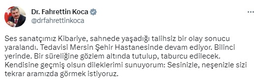 Bakan Koca, sahnede feci şekilde düşen Kibariye'nin sağlık durumu hakkında bilgi verdi: Bilinci açık