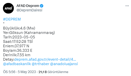 Son Dakika: Kahramanmaraş'ın Göksun ilçesinde 4.6 büyüklüğünde deprem oldu