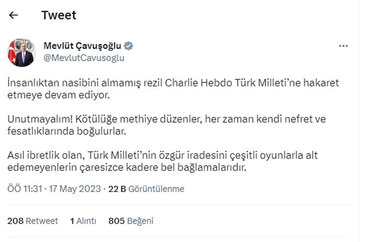 Bakan Çavuşoğlu'ndan Charlie Hebdo'ya tepki