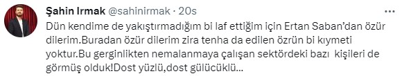 Galatasaray'a küfreden Ertan Saban'a küfürle karşılık veren Şahin Irmak, özür diledi