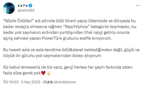 Sefo'dan PowerTürk Müzik Ödülleri'ne tepki: Kınıyorum, siz kabul etmeseniz de biz varız