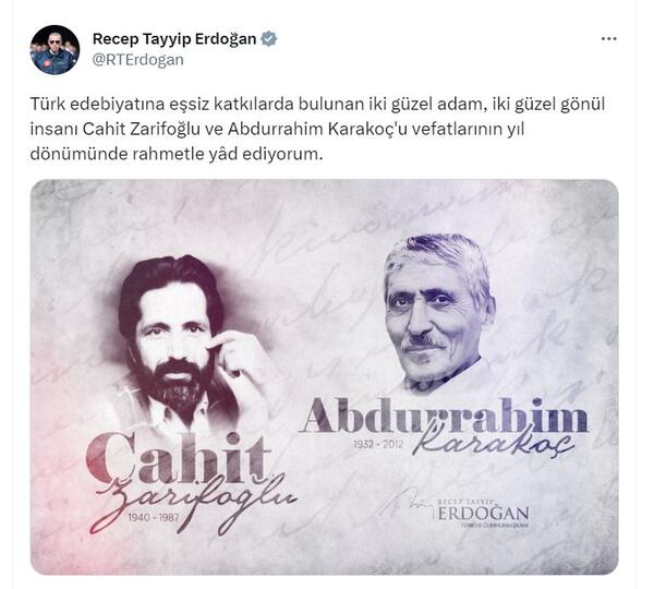 Cumhurbaşkanı Erdoğan, Zarifoğlu ve Karakoç'u andı