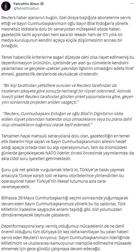 Cumhurbaşkanlığından Reuters'in Bilal Erdoğan haberine tepki: Gazetecilik tarihi açısından kara leke