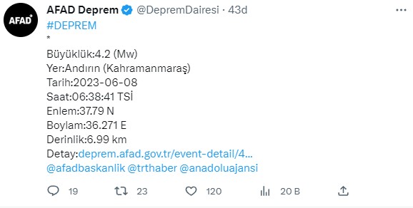 Kahramanmaraş'ta 4,2 büyüklüğünde deprem