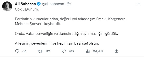 Emekli Korgeneral ve DEVA Partisi kurucusu Mehmet Şanver hayatını kaybetti! Babacan'dan duygusal mesaj