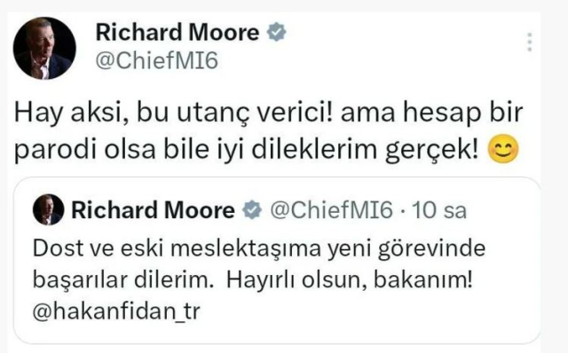 İngiliz istihbarat başkanından Hakan Fidan'ın sahte hesabına tebrik