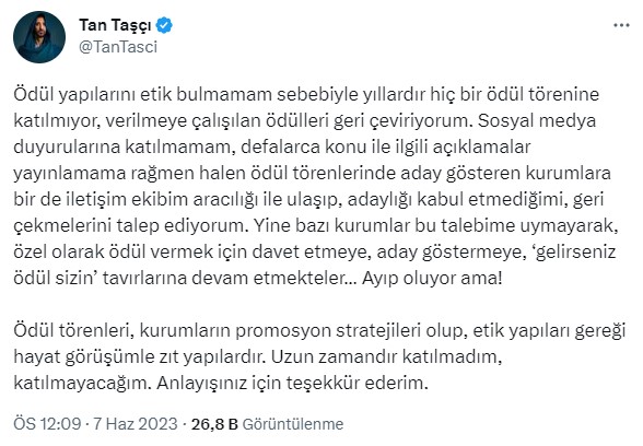 Tan Taşçı'dan ödül töreni isyanı: Beni aday göstermeyin, katılmayacağım