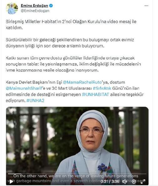 Emine Erdoğan'dan BM Habitat'ın 2’nci Olağan Kurulu'na mesaj