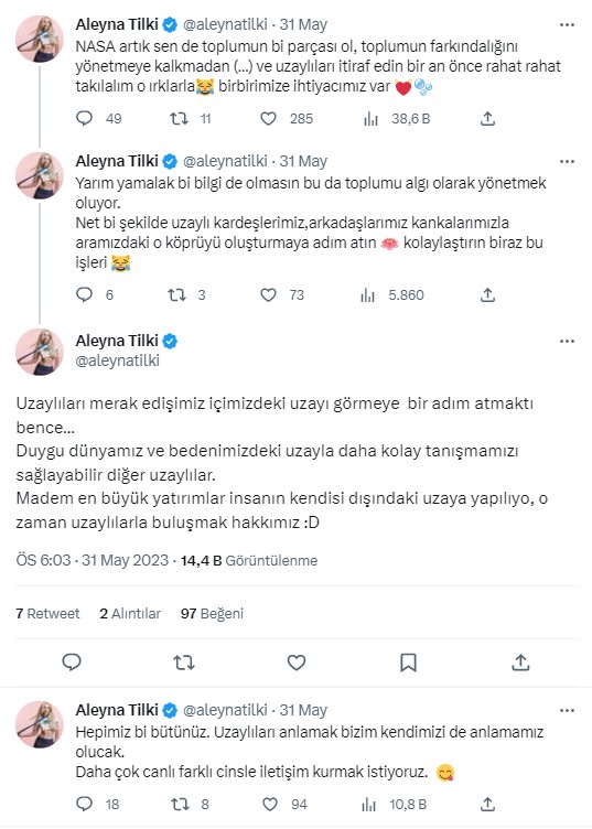 Aleyna Tilki'den NASA'ya çağrı: Uzaylılarla buluşmak hakkımız