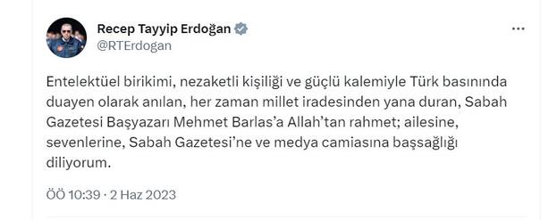 Cumhurbaşkanı Erdoğan'dan gazeteci Barlas için taziye