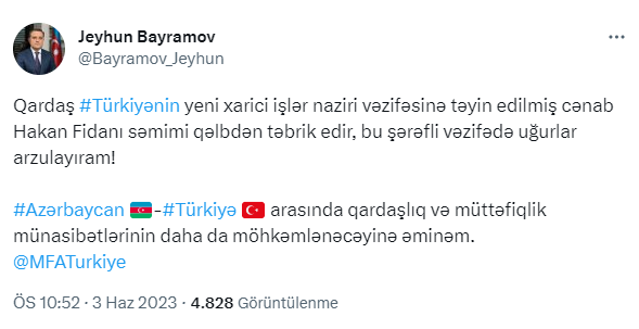 Yeni Kabine'de Dışişleri Bakanlığı görevini üstlenen Hakan Fidan'a dünyadan tebrik mesajları