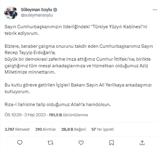 Yeni Kabine'de yer almayan Süleyman Soylu'dan ilk açıklama: Türkiye Yüzyılı Kabinesi'ni tebrik ediyorum