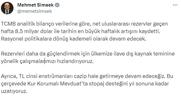 Son Dakika! Bakan Şimşek: Merkez Bankası rezervi, geçen hafta 8.5 milyar dolarla en büyük haftalık artışını yaptı