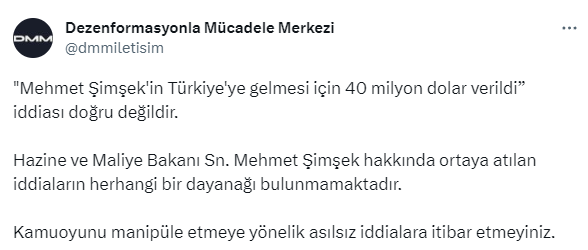 İletişim Başkanlığı, Mehmet Şimşek'e Türkiye'ye gelmesi 40 milyon dolar verildiği iddiasını yalanladı