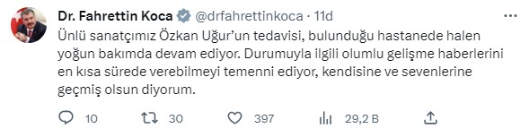 Bakan Koca, entübe edilen Özkan Uğur'un sağlık durumuyla ilgili bilgi verdi: Tedavisi yoğun bakımda devam ediyor