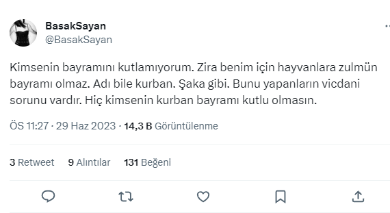 Başak Sayan'ın Kurban Bayramı paylaşımı tartışma yarattı: Hiç kimsenin kurban bayramı kutlu olmasın