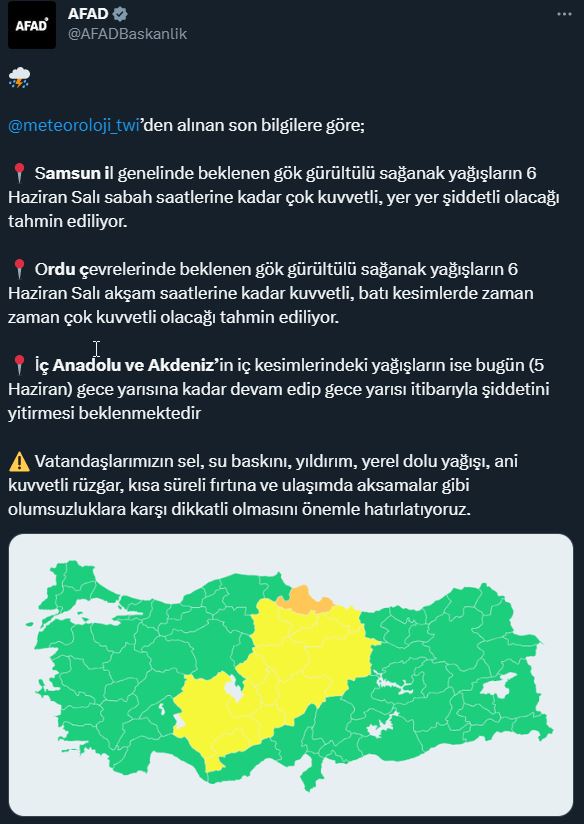 AFAD'dan 3 bölge için haritalı uyarı! Şiddetli yağışlar etkisini sürdürmeye devam edecek