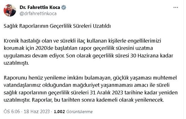 Bakan Koca: Süreli sağlık raporlarının süreleri uzatıldı