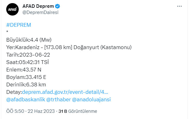 Kastamonu açıklarında 4,4 büyüklüğünde deprem meydana geldi