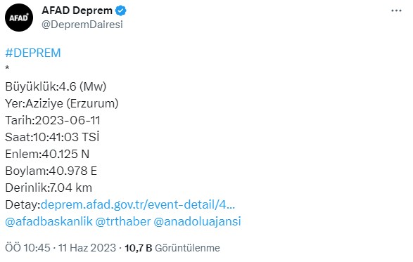 Son Dakika: Erzurum'da 4.6 büyüklüğünde deprem! Çevre illerde de hissedildi