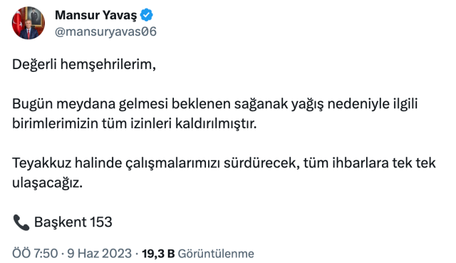 Ankara'da bugün beklenen yağış öncesi Mansur Yavaş tüm izinleri iptal etti