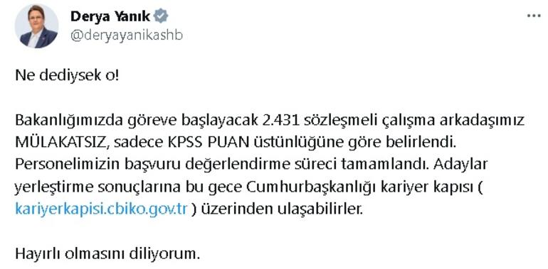 Aile ve Sosyal Hizmetler Bakanlığı'nda işe alınan 2 bin 431 sözleşmeli personel belli oldu