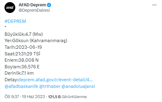 Son Dakika: Kahramanmaraş'ta 4.7 büyüklüğünde deprem meydana geldi