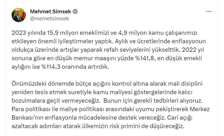 Bakan Şimşek: Merkez Bankası'nın enflasyonla mücadelesine destek vereceğiz