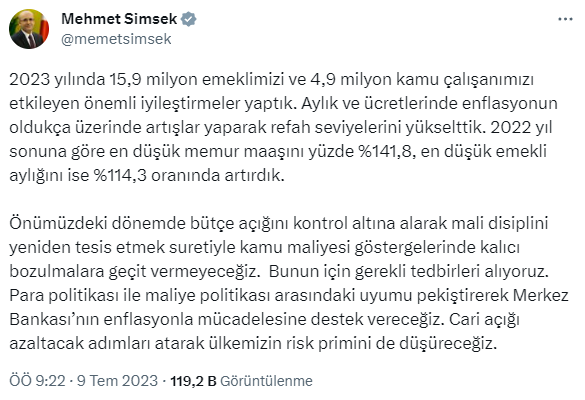 Mehmet Şimşek'ten memur ve emekli maaşlarına yapılan zamlara ilişkin ilk değerlendirme