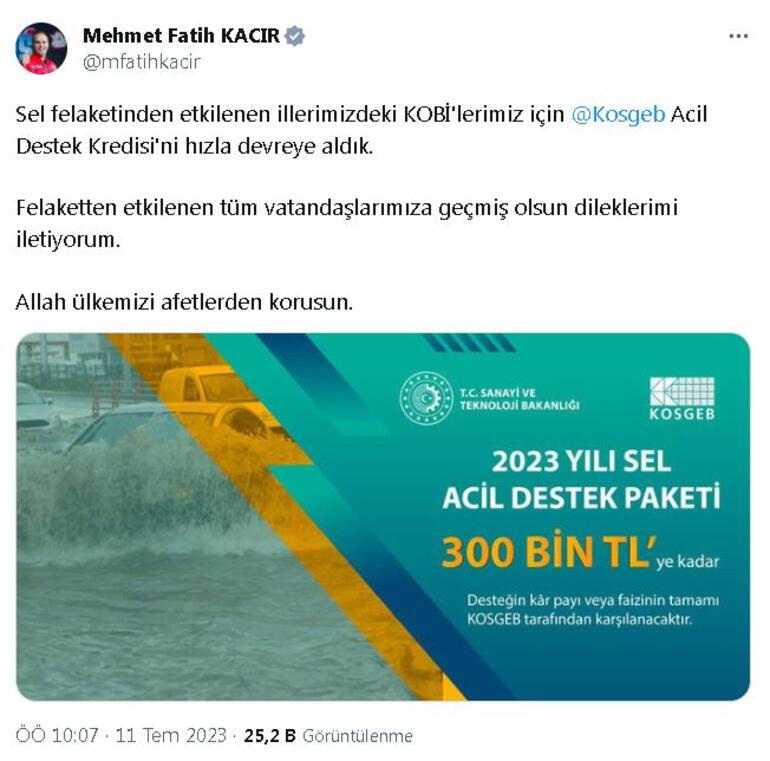 Bakan Kacır: Selden etkilenen KOBİ'lere 'acil destek kredisi' sağlanacak