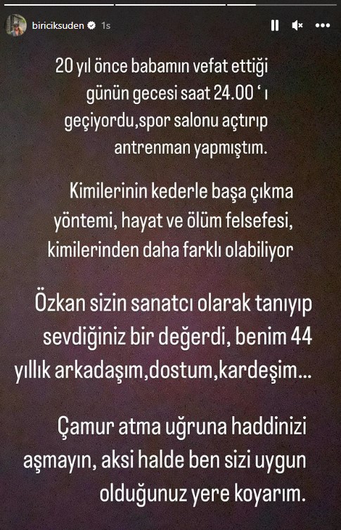 Özkan Uğur'un ölümü sonrası spor salonunda paylaşım yaptığı için tepki çeken Biricik Suden'den cevap