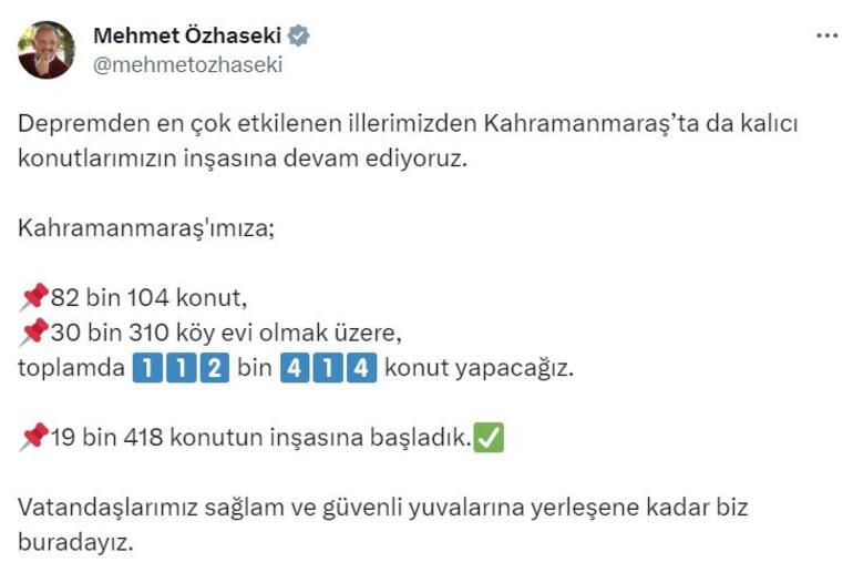 Bakan Özhaseki: Kahramanmaraş'ta 19 bin 418 konutun inşasına başladık