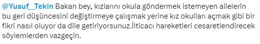 Milli Eğitim Bakanı Yusuf Tekin: Çocuğunu okula göndermeyen veliyi ikna etmek için gerekirse kız okulları açabilmeliyiz