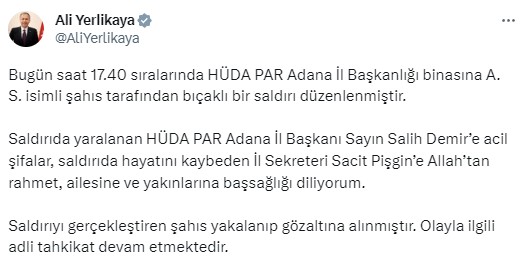 HÜDA PAR saldırısının ardından Bakan Yerlikaya duyurdu: Şüpheli şahıs yakalanıp gözaltına alındı