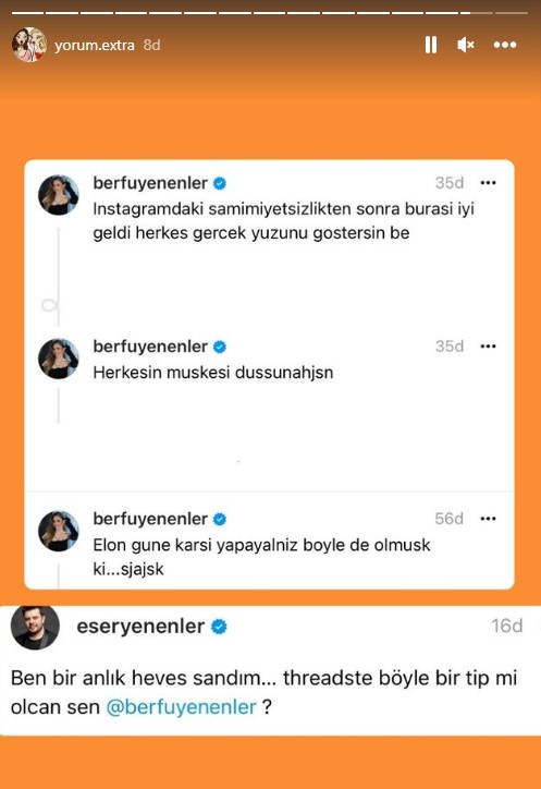 Berfu Yenenler'in Threads paylaşımları eşi Eser Yenenler'i sinirlendirdi