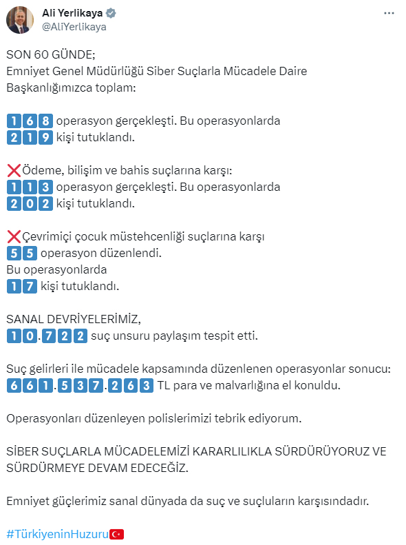 İçişleri Bakanı Yerlikaya'nın siber suçlarla mücadelede 60 günlük karnesi! Rakamları paylaşıp ekipleri tebrik etti