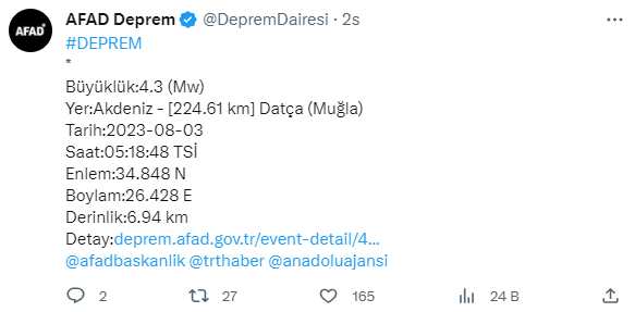 Muğla'nın Datça ilçesi açıklarında 4,3 büyüklüğünde deprem