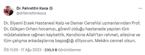 Bakan Koca'dan çalışma odasında ölü bulunan Prof. Dr. Gökçen Orhan'la ilgili paylaşım