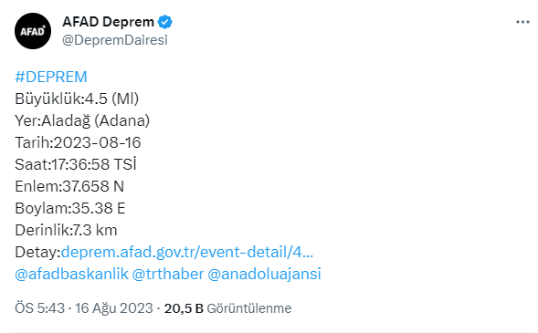 Son Dakika: Adana'da 4.5 büyüklüğünde deprem meydana geldi