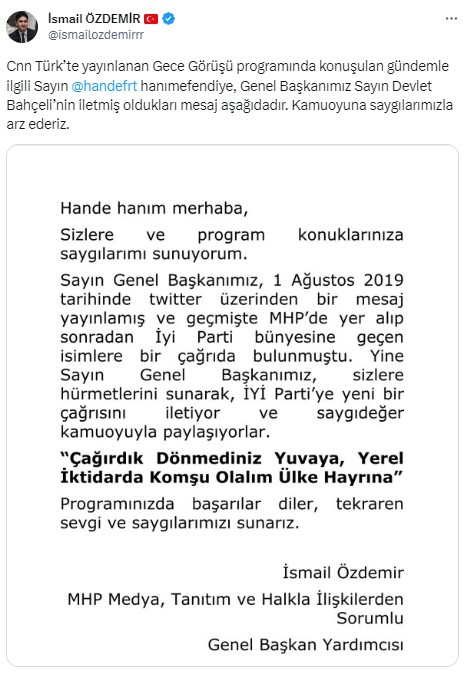 Bahçeli'nin ittifak çağrısına İYİ Parti'den yanıt: Devlet Bey bir milliyetçiler ligi kurmak istiyorsa zaten biz oradayız