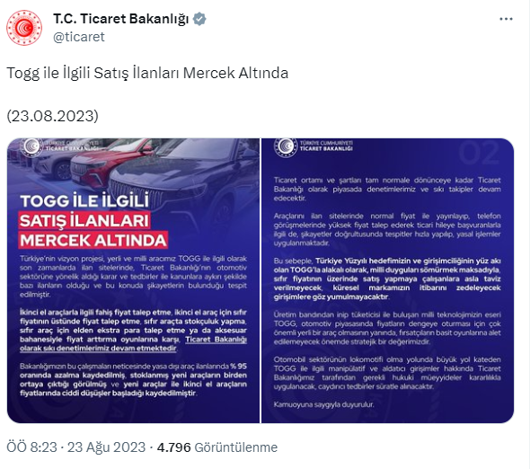 Ticaret Bakanlığı'ndan Togg'la ilgili ilanlara inceleme: Sıfır fiyatının üzerinden satış yapmaya çalışanlar için caydırıcı tedbirler alınacak