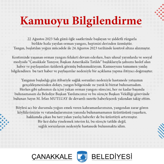 Yangın sırasında tatile çıktığı iddia edilen Çanakkale Belediye Başkanı Ülgür Gökhan'ın hastanede yattığı ortaya çıktı